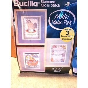 VTG NEW Bucilla Stamped Cross Stitch Birth Record Nursery Cottage Farmhouse